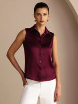 [Dark Red] SilkSilky-AU Sleeveless Lapel Collar Women's Shirt 001