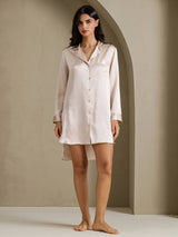 [Beige] SilkSilky-AU Long Sleeve Lapel Collar Nightshirt 007
