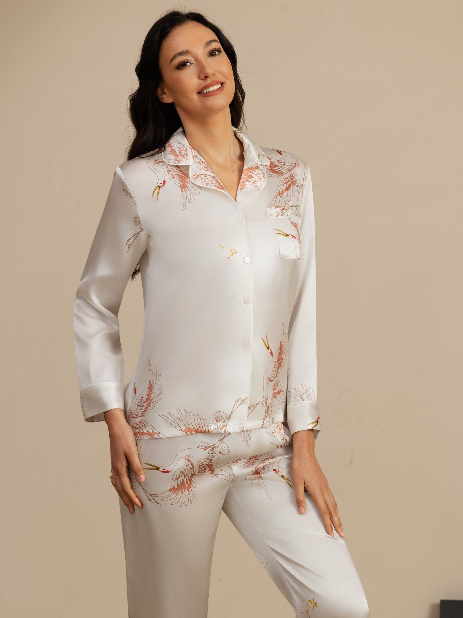 [White] SilkSilky-AU 19Momme Long Sleeve Notch Collar Women's Pyjamas 004
