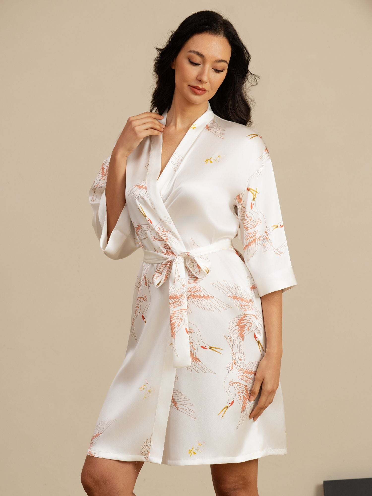 [White] SilkSilky-AU 19Momme 3/4 Sleeve Women's Dressing Gown 003