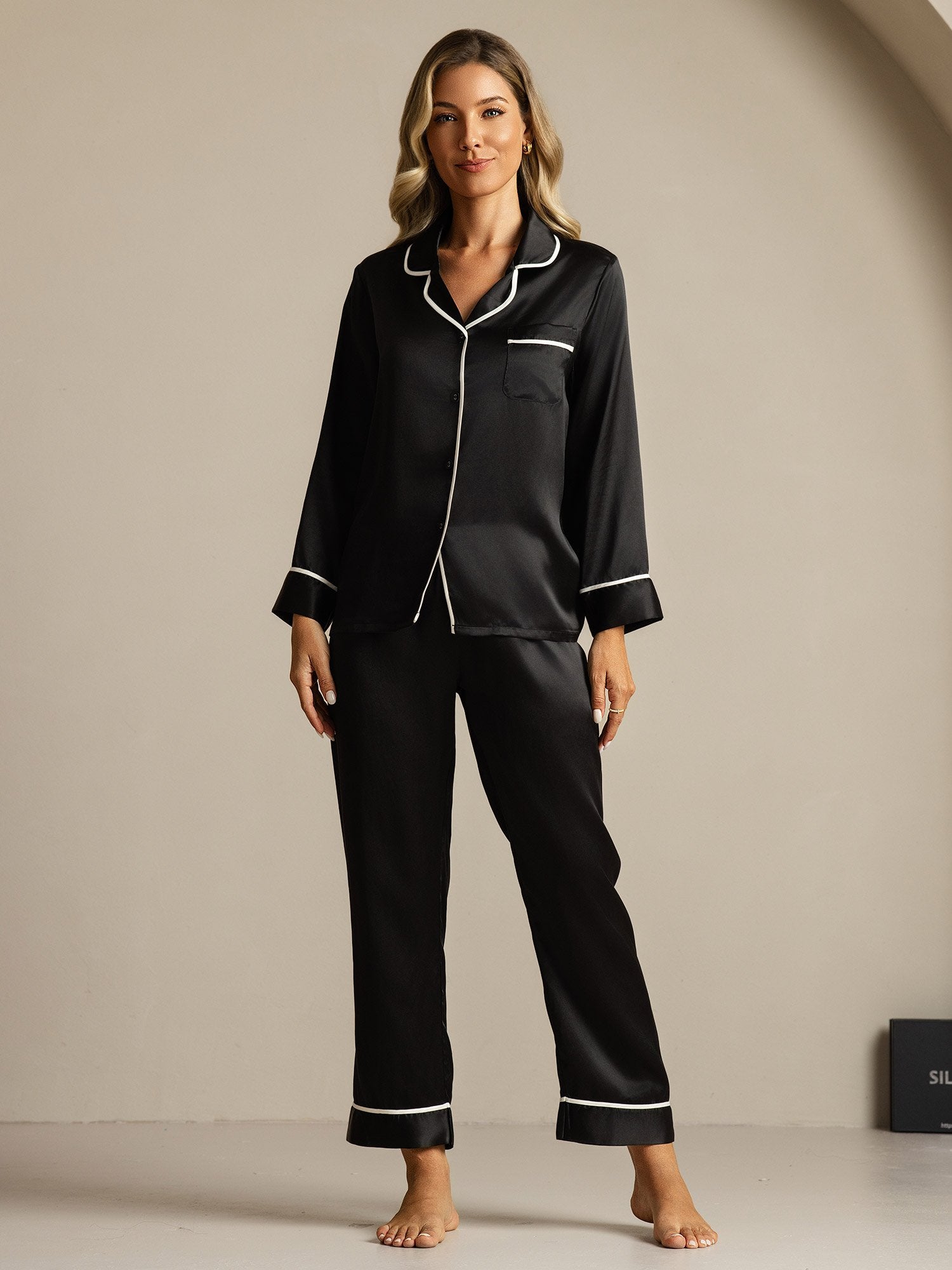 [Black] SilkSilky-AU Pure Silk Lapel Collar Women's Pyjamas 003