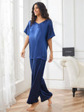 SilkSilky AU Pure Silk Short Sleeve V Neck Women's Pyjamas DarkBlue 005