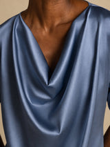 [Real Teal] SilkSilky-AU Short Sleeve Cowl Neck Women's Blouse 003