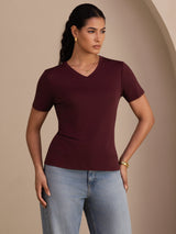 [Wine] SilkSilky-AU Short Sleeve V Neck Women's T-Shirt 001