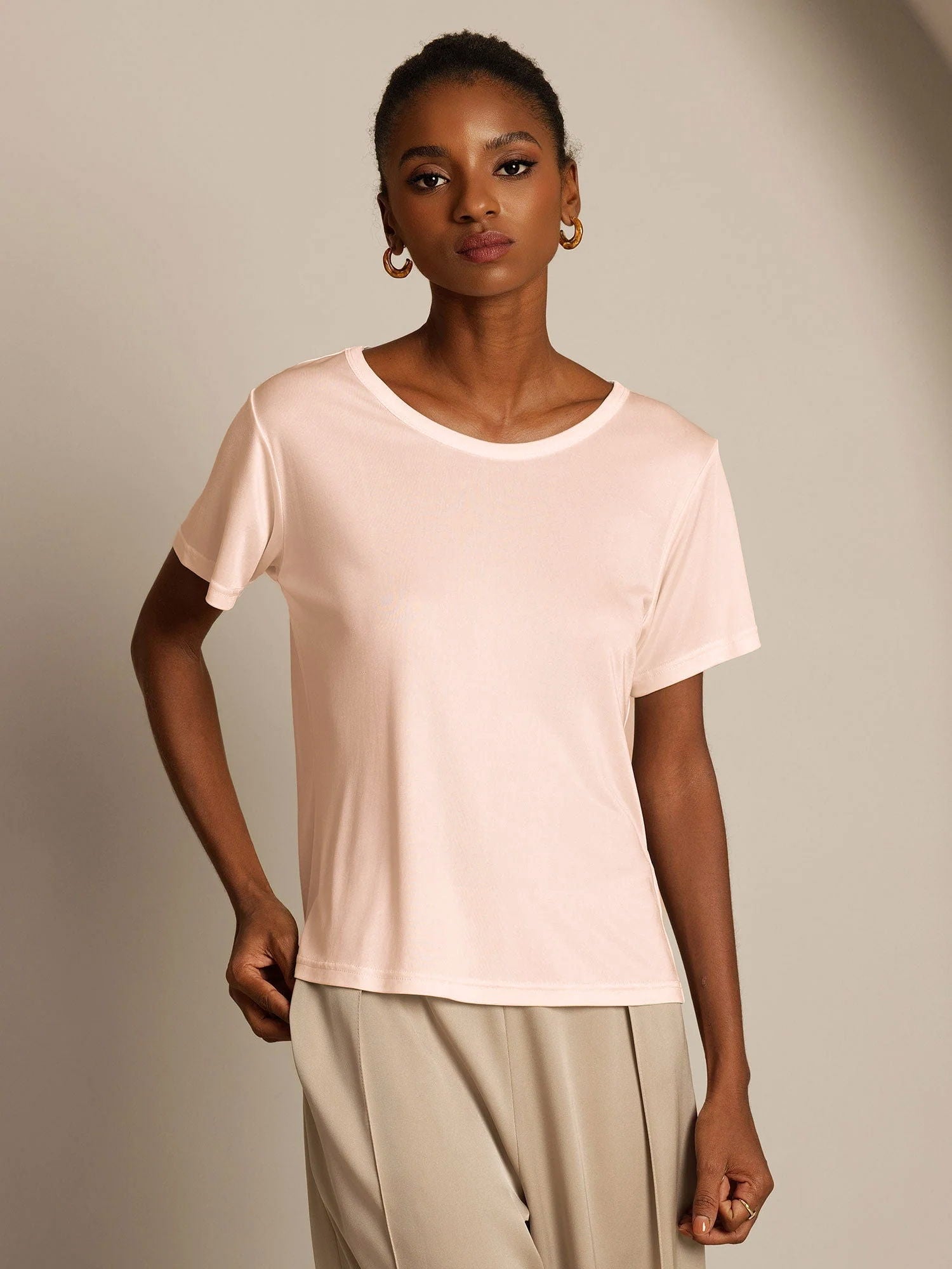 [Light Pink] SilkSilky-AU Short Sleeve Round Neck Women's T-Shirt 001