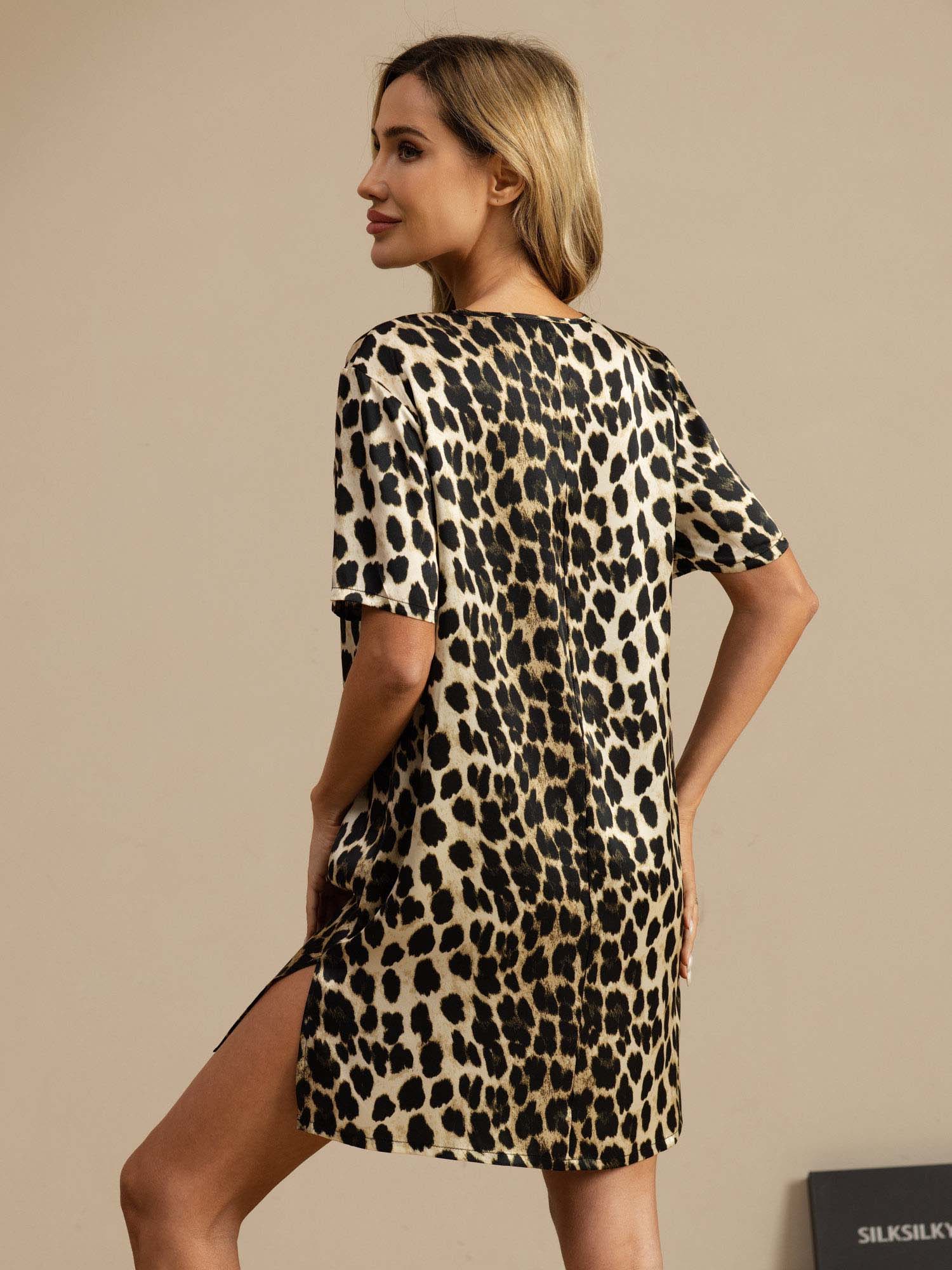 [Leopard] SilkSilky-AU Pure Silk Half Sleeve V Neck Nightgown 002