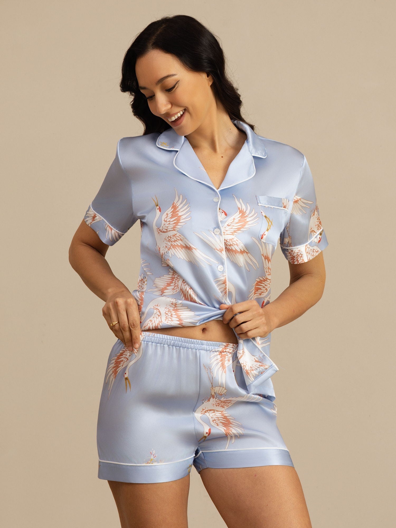 [Light Blue] SilkSilky-AU 19Momme Short Sleeve Notch Collar Women's Pyjamas 004