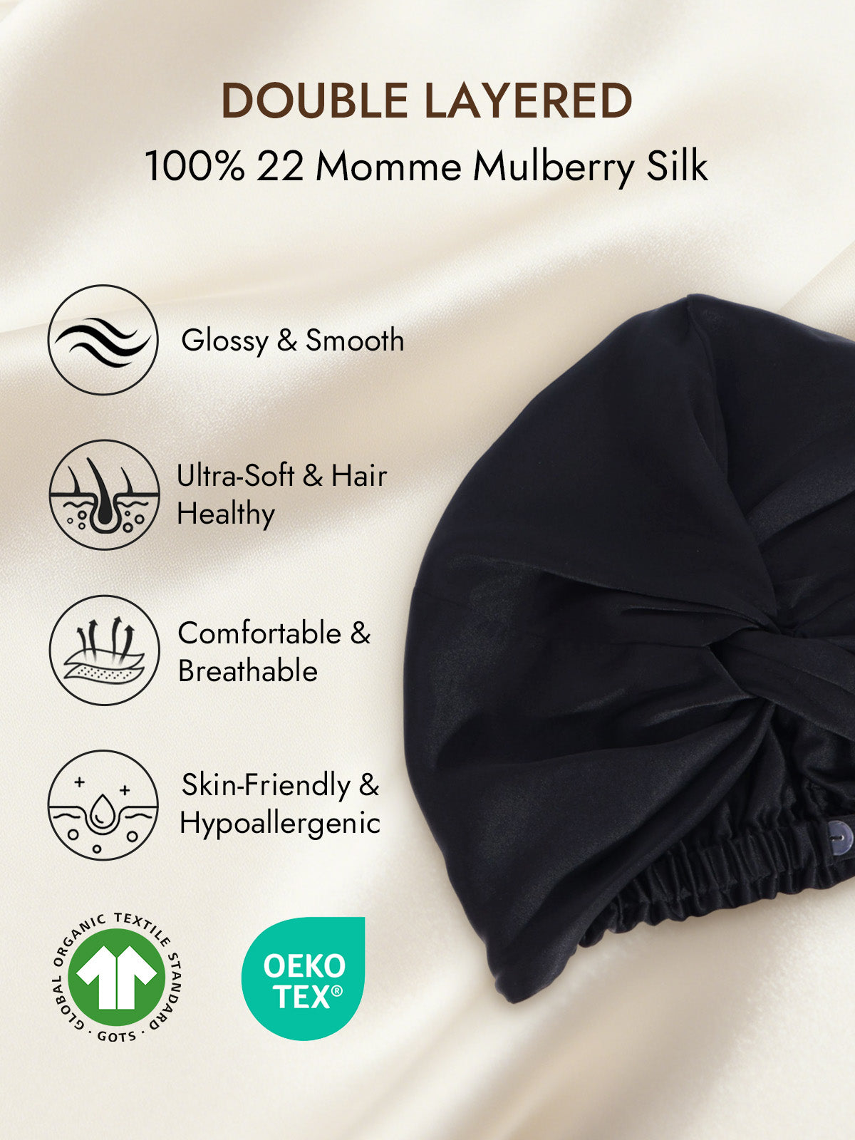 [Black] SilkSilky-AU 22Momme Pure Silk Sleep Cap 002