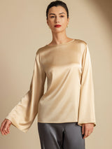 [Champagne] SilkSilky-AU Long Sleeve Boat Neck Blouse 001