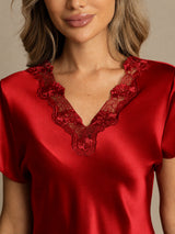 [Dark Red] SilkSilky-AU Short Sleeve V Neck Nightgown 004