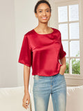 SilkSilky AU Pure Silk Half Sleeve Boat Neck Women's T Shirt DarkRed 004