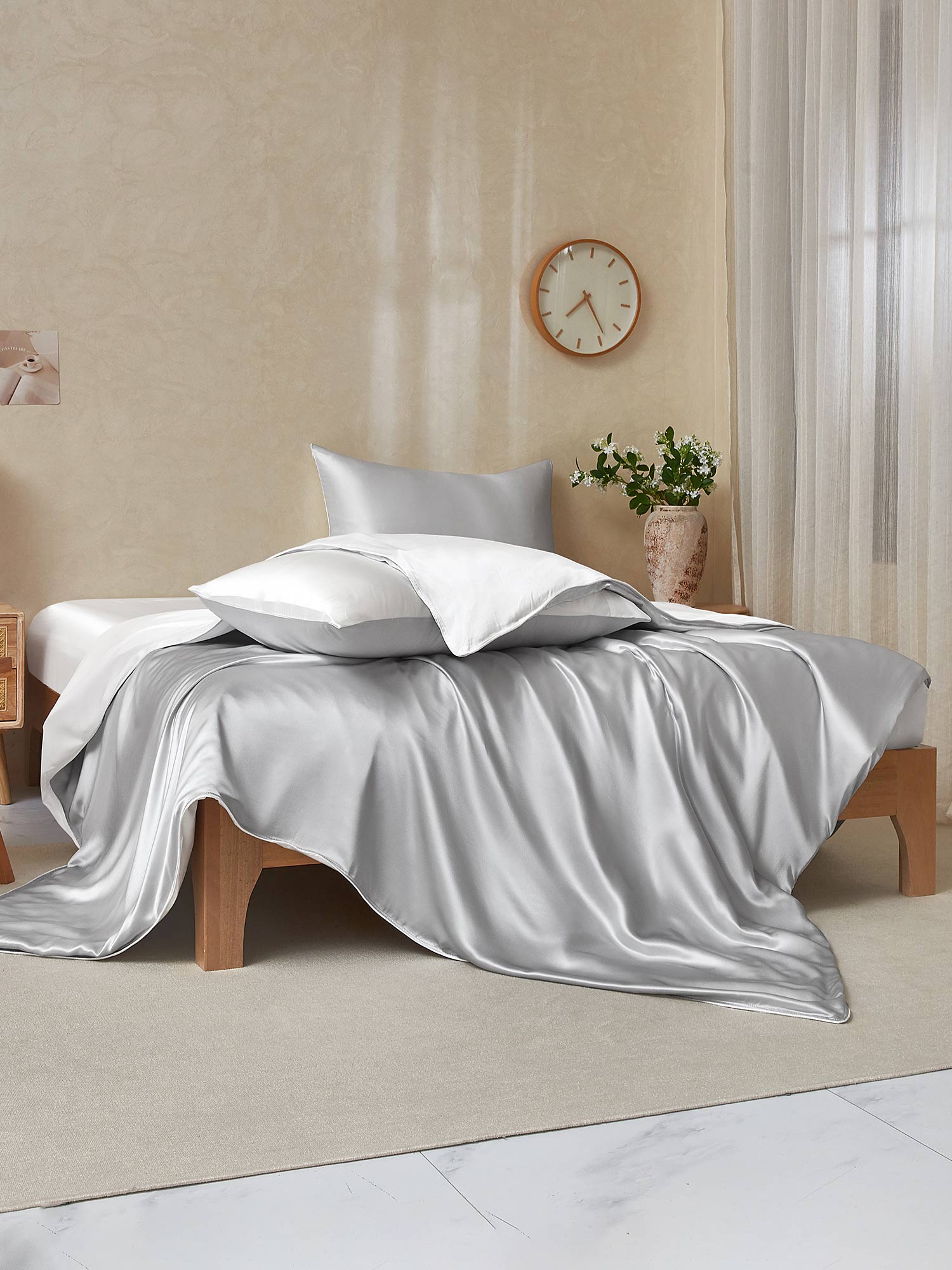 [LightGray+White] SilkSilky-AU 22Momme Pure Silk Bedding Set 002,