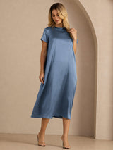 [Real Teal] SilkSilky-AU Short Sleeve Crew Neck Dress 006