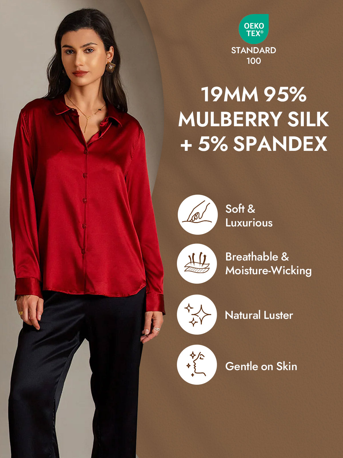 [Red] SilkSilky-AU Silk Long Sleeve Lapel Collar Women's Shirt 004