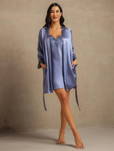 [Steel Blue] SilkSilky-AU 3/4 Sleeve V Neck Nightgown&Dressing Gown Set 008
