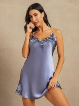 [Steel Blue] SilkSilky-AU Sleeveless V Neck Nightgown 001