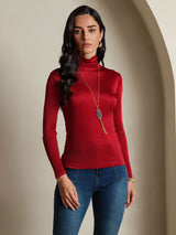 [Wine] SilkSilky-AU Silk Jersey Long Sleeve Turtle Neck Women's T-Shirt 003