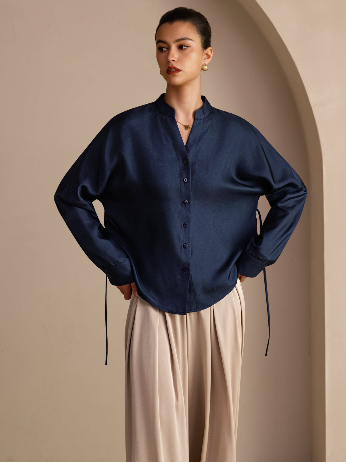 [Dark Blue] SilkSilky-AU Long Sleeve Split Women's Blouse 001