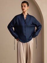 [Dark Blue] SilkSilky-AU Long Sleeve Split Women's Blouse 001
