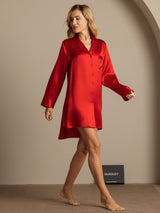 [Red] SilkSilky-AU Long Sleeve Lapel Collar Nightshirt 004