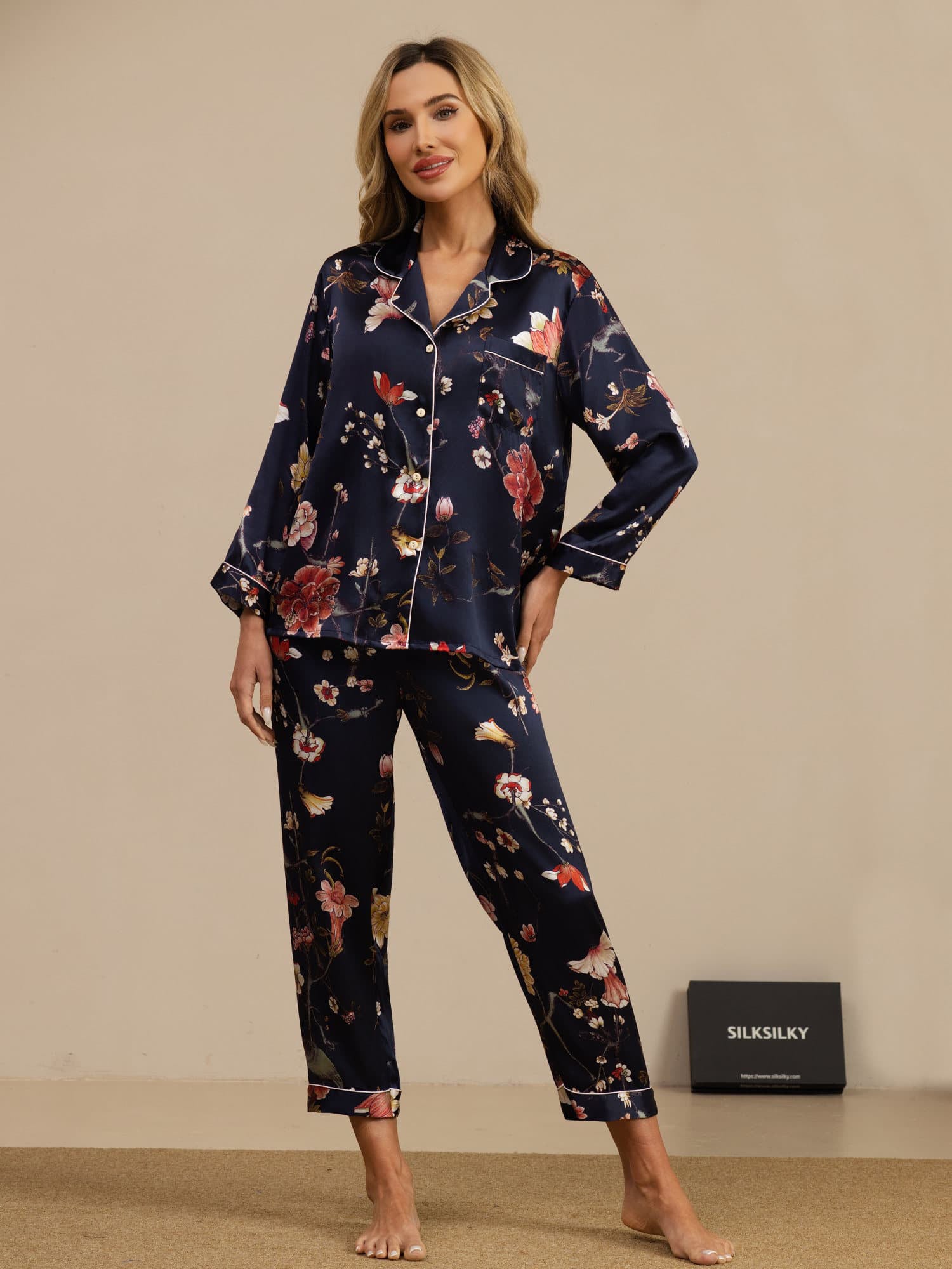 [Navy Floral] SilkSilky-AU Long Sleeve Notch Collar Women's Pyjamas 001