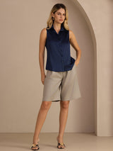 [Dark Blue] SilkSilky-AU Sleeveless Lapel Collar Women's Shirt 007