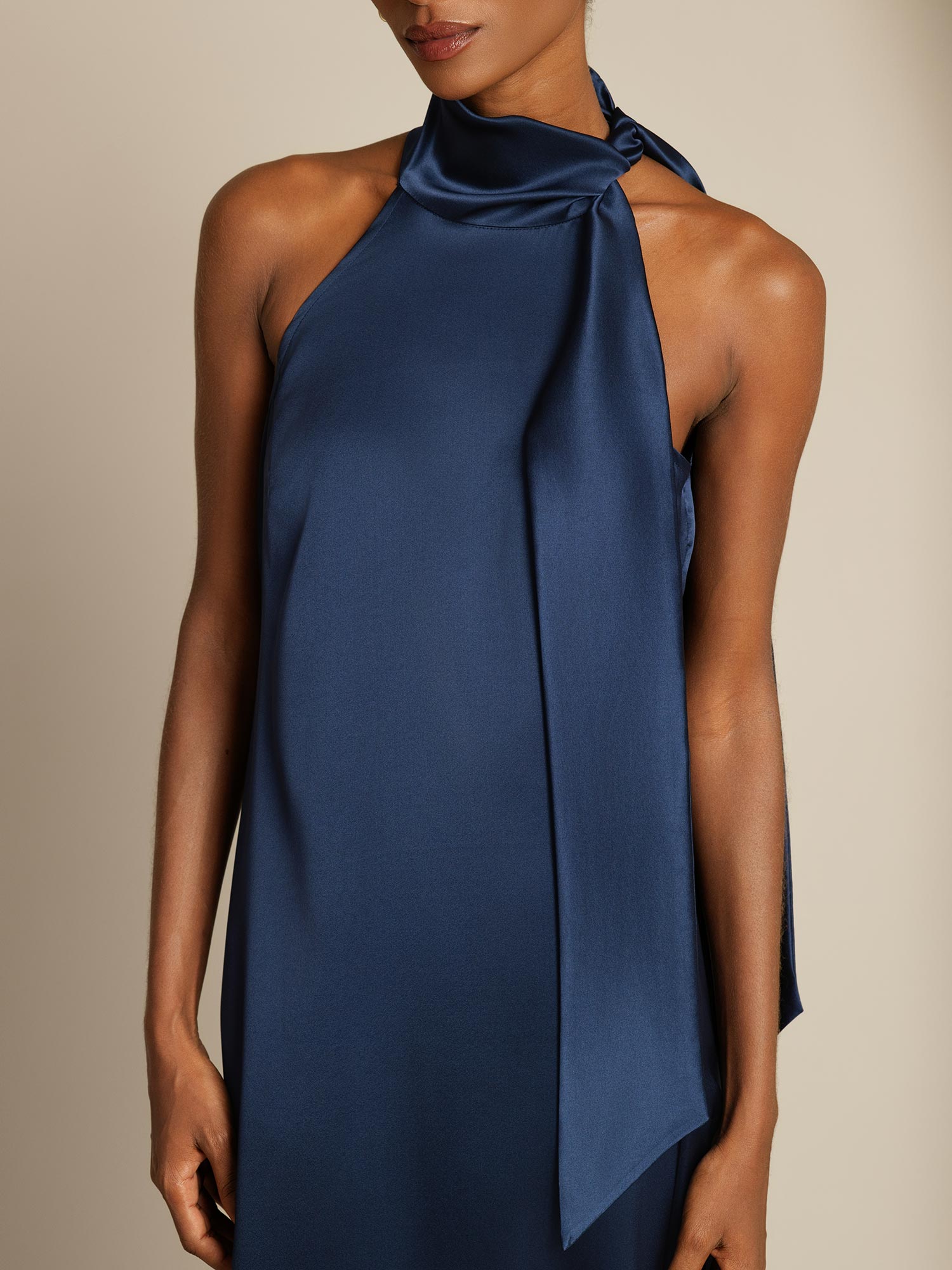 [Dark Blue] SilkSilky-AU 19Momme Silk Sleeveless Tie Neck Dress 005