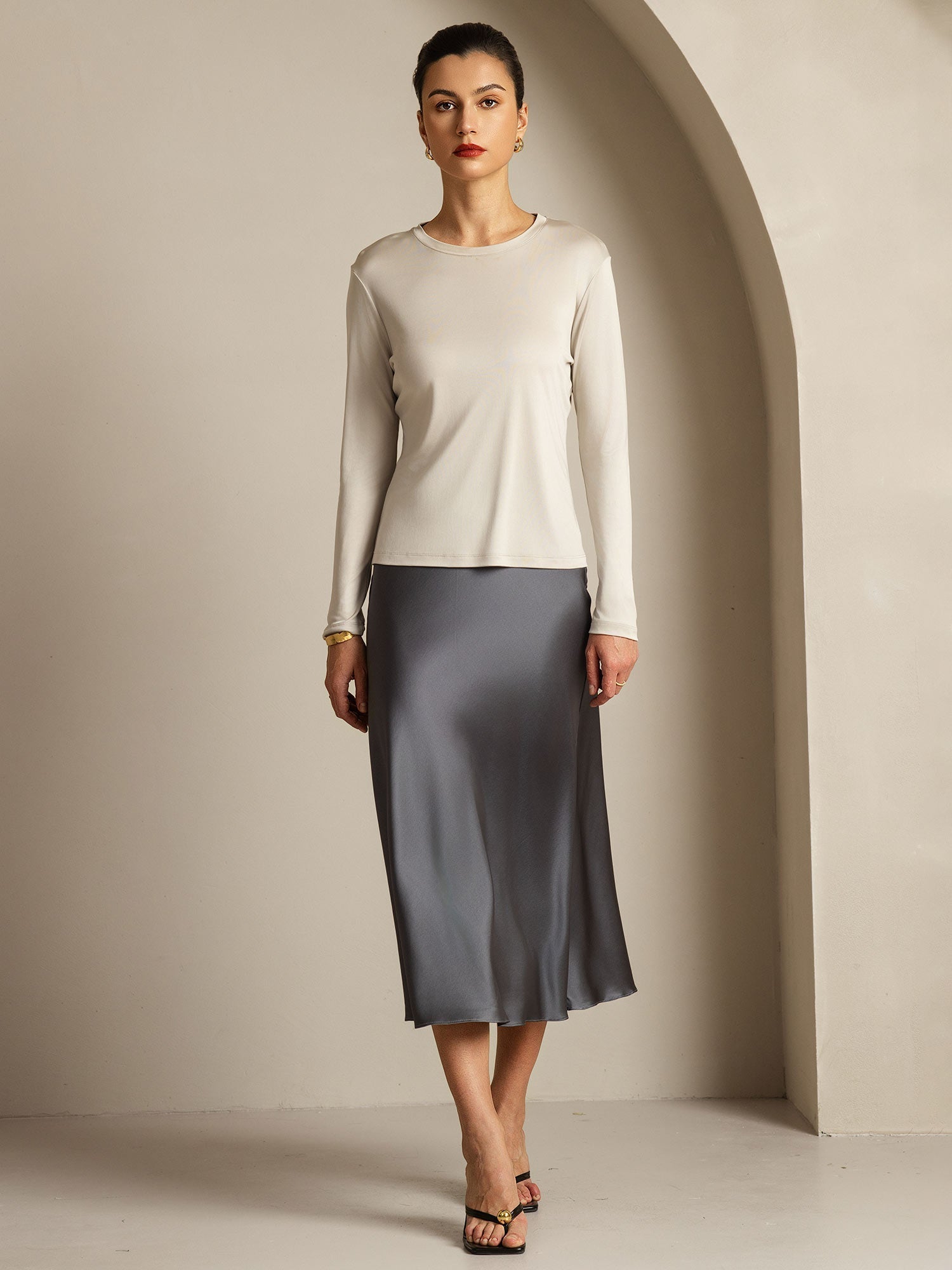 [Gray] SilkSilky-AU Pure Silk Womens T-Shirt 007,
