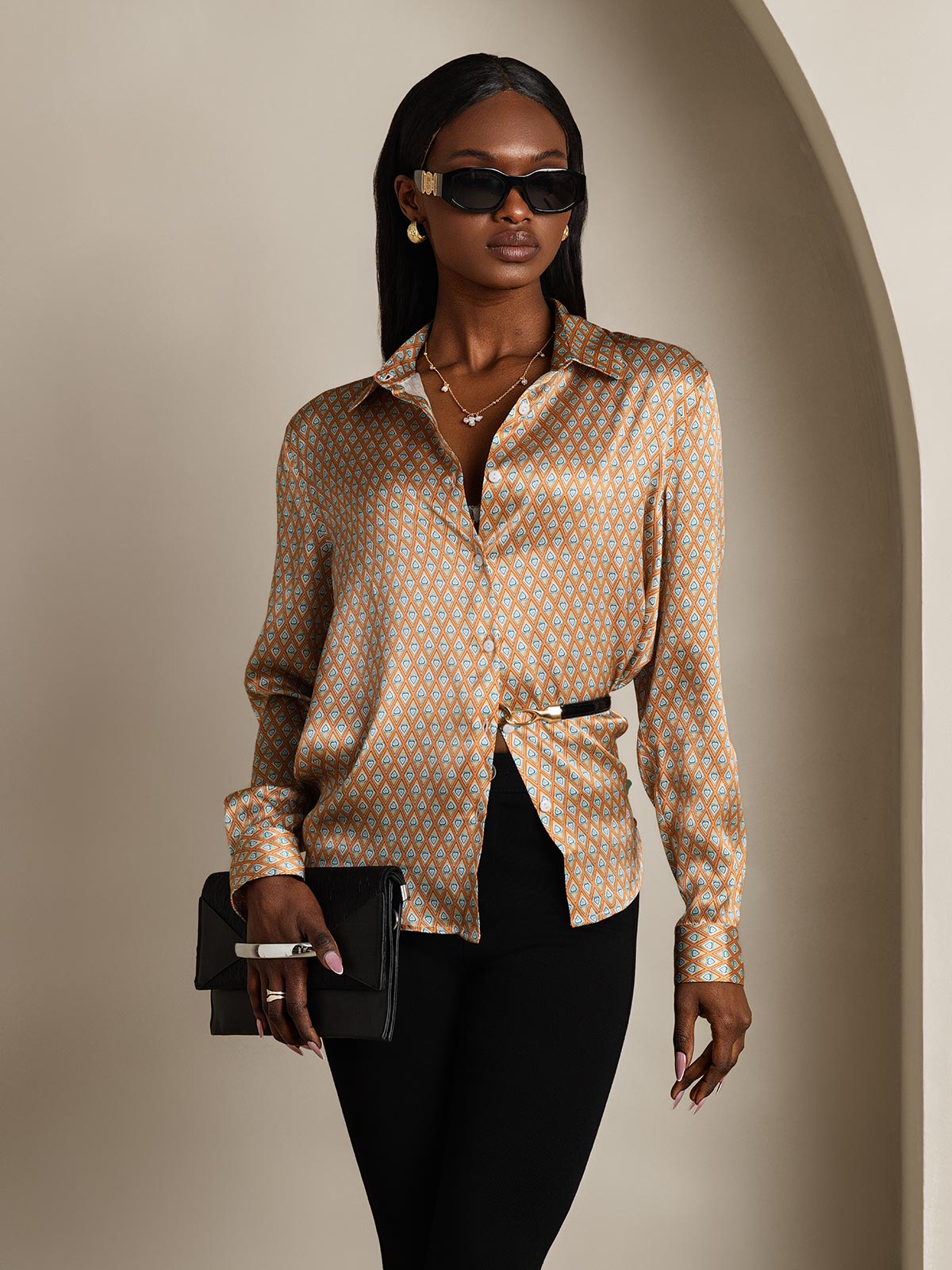 [Floral] SilkSilky-AU 19Momme Stretch Silk Charmeuse Long Sleeve Lapel Collar Women's Shirt 006