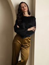 [Black] SilkSilky-AU Long Sleeve Boat Neck Blouse 005