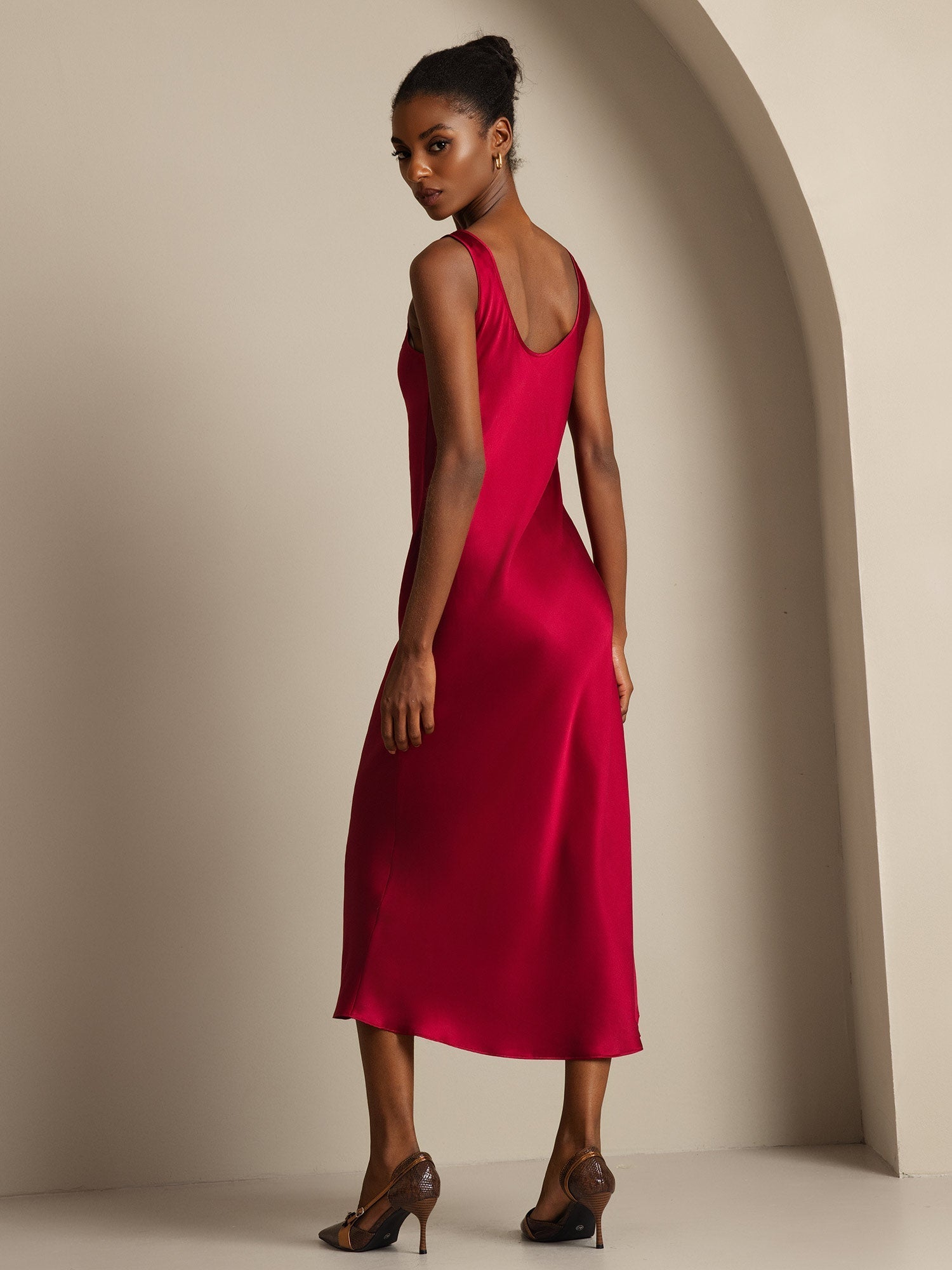 [Wine] SilkSilky-AU Pure Silk Boat Neck Dress 002,