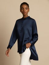 [Dark Blue] SilkSilky-AU 19Momme Stretch Silk Charmeuse Long Sleeve Stand Collar Blouse 004
