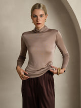 [Khaki] SilkSilky-AU Silk Jersey Long Sleeve Turtle Neck Women's T-Shirt 004