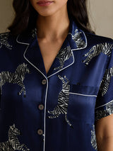 [Navy Zebra] SilkSilky-AU Short Sleeve Lapel Collar Women's Pyjamas 004