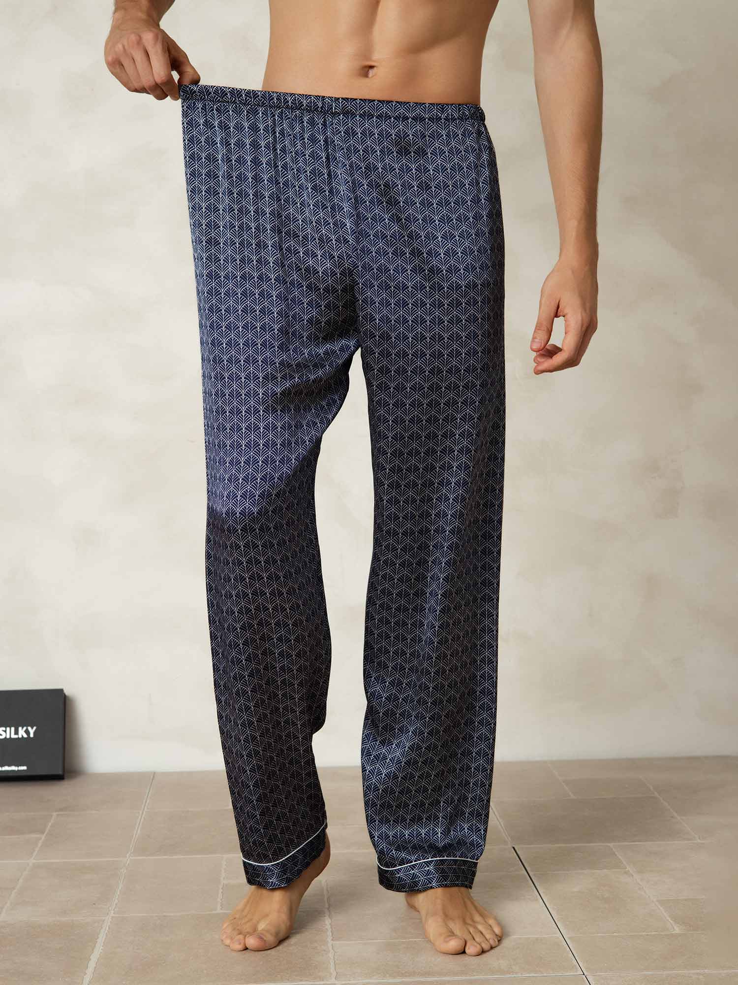 [Navy Ginkgo] SilkSilky-AU Pure Silk Mens Sleep Bottoms 003
