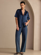 [Dark Blue] SilkSilky-AU Short Sleeve Notch Collar Women's Shirt 007