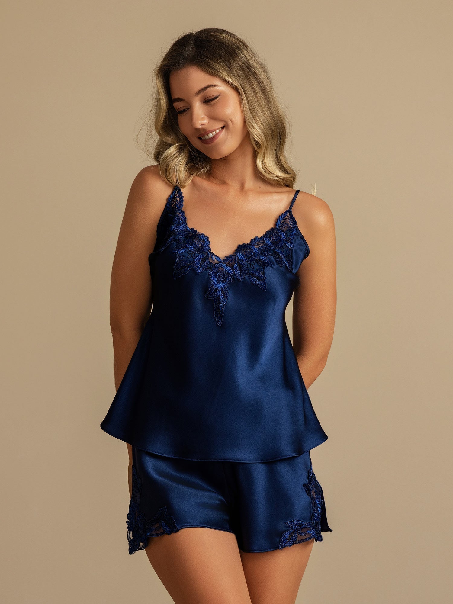 [Dark Blue] SilkSilky-AU Pure Silk V Neck Camisole Set 001,
