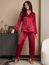 [Wine] SilkSilky-AU Long Sleeve Notch Collar Women's Pyjamas 001