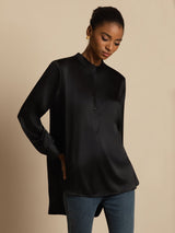 [Black] SilkSilky-AU 19Momme Stretch Silk Charmeuse Long Sleeve Stand Collar Blouse 001