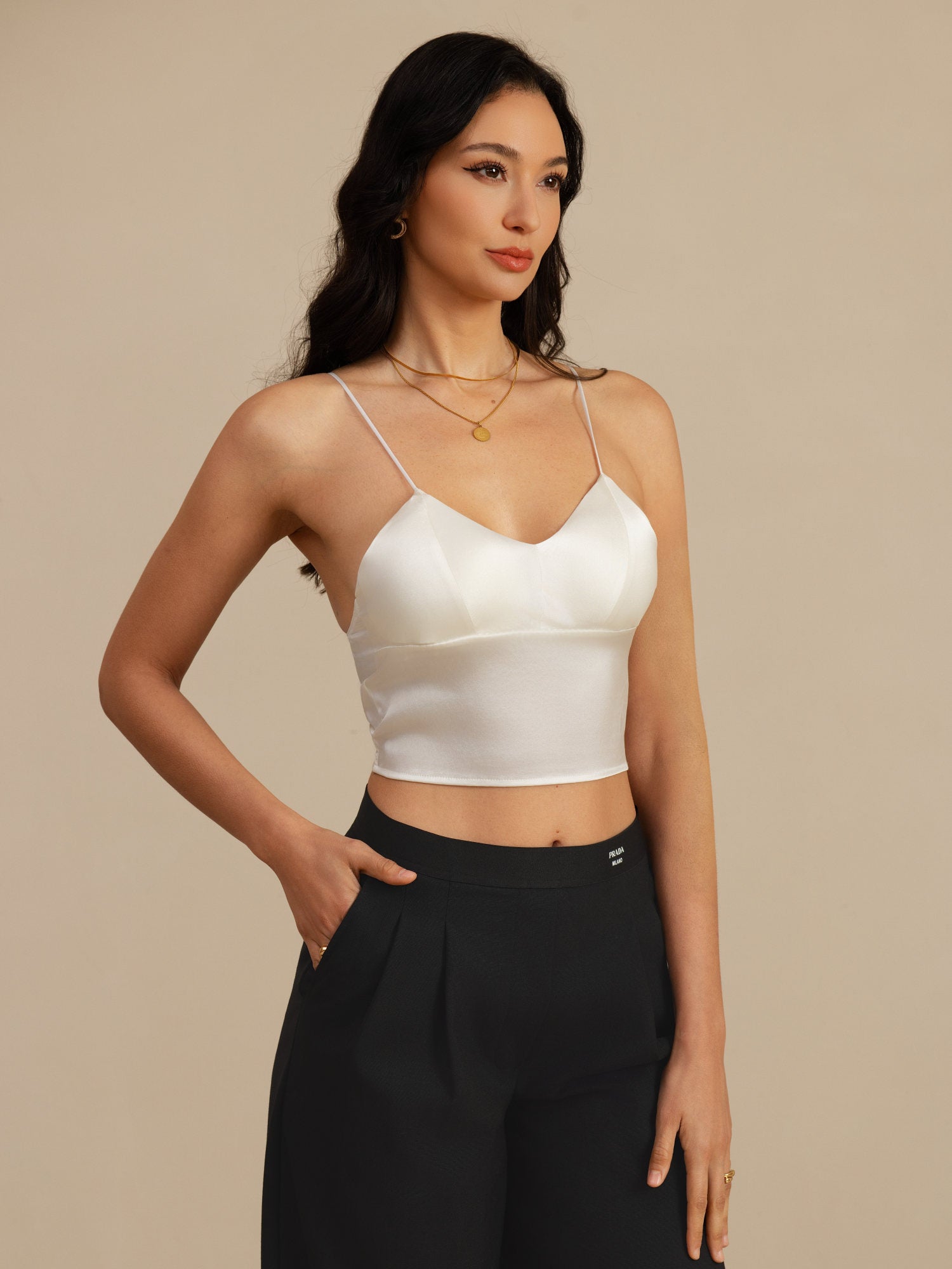 [White] SilkSilky-AU Spaghetti Strap V Neck Camisole 001