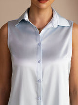 [Light Blue] SilkSilky-AU Sleeveless Lapel Collar Women's Shirt 004