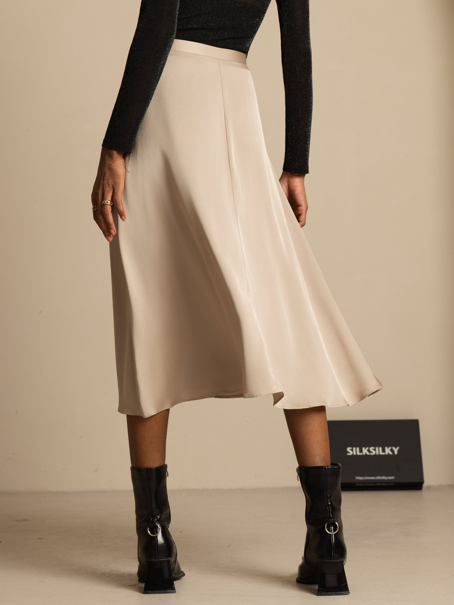 [Tan] SilkSilky-AU 19Momme Stretch Silk Double Georgette Skirt 002