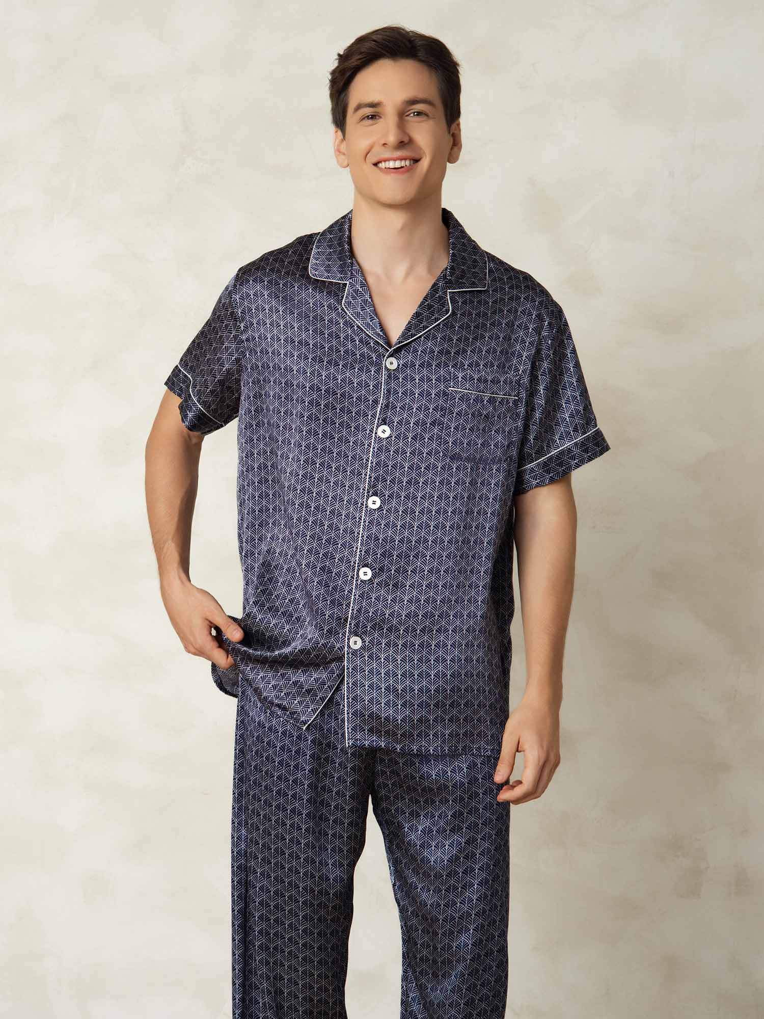 [NavyGinkgo] SilkSilky-AU Pure Silk Lapel Collar Men's Pyjamas 004