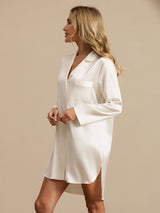 [White] SilkSilky-AU Long Sleeve Lapel Collar Nightshirt 005