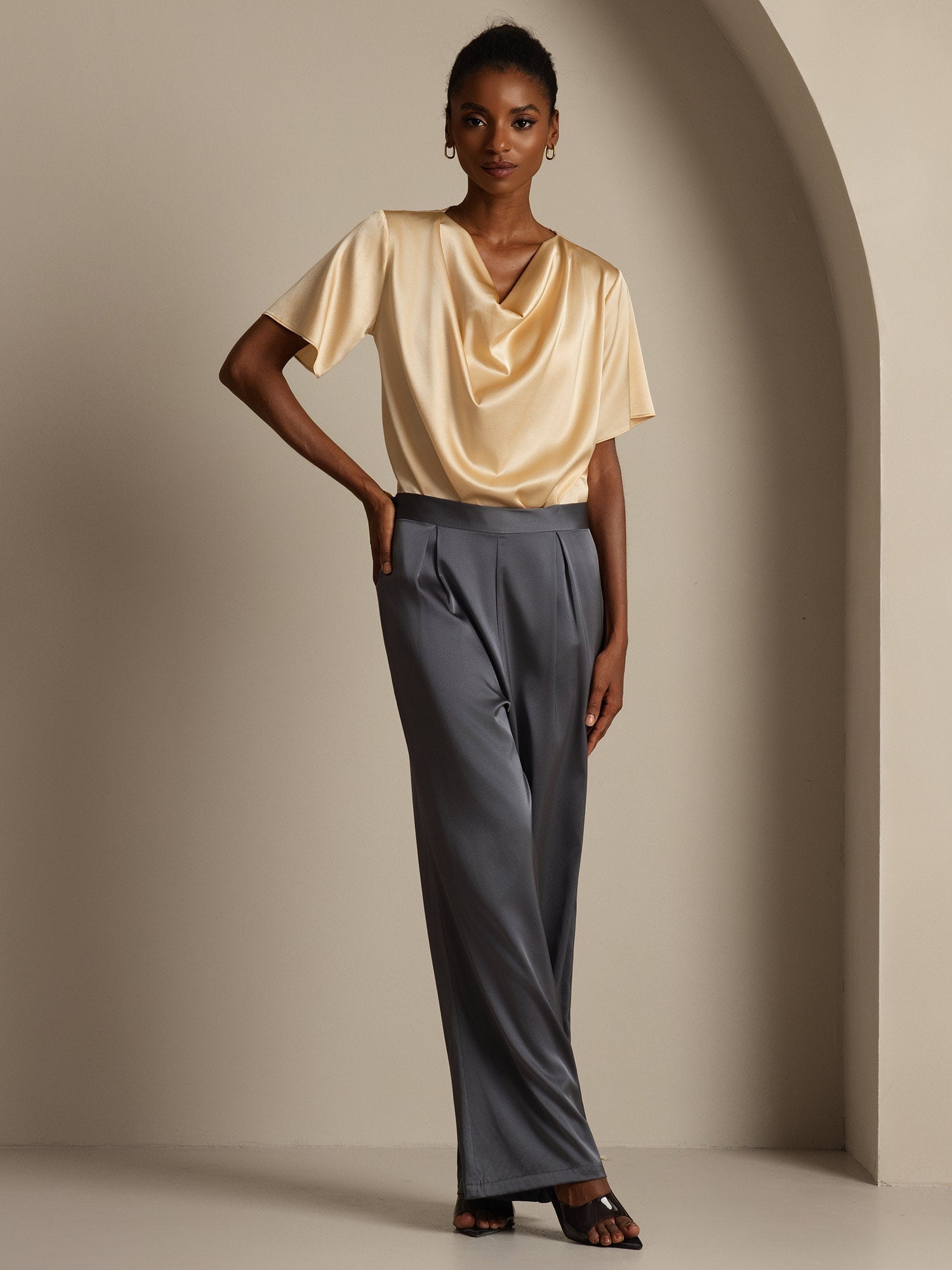 [Dark Gray] SilkSilky-AU 19Momme Stretch Silk Charmeuse Women's Pants 007