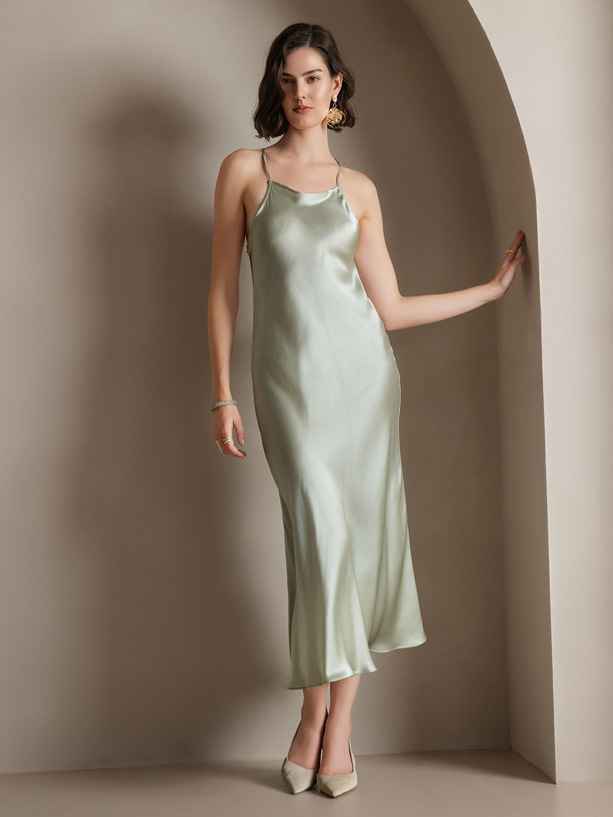 SilkSilky AU 19Momme Silk Sleeveless Dress LightGreen 001