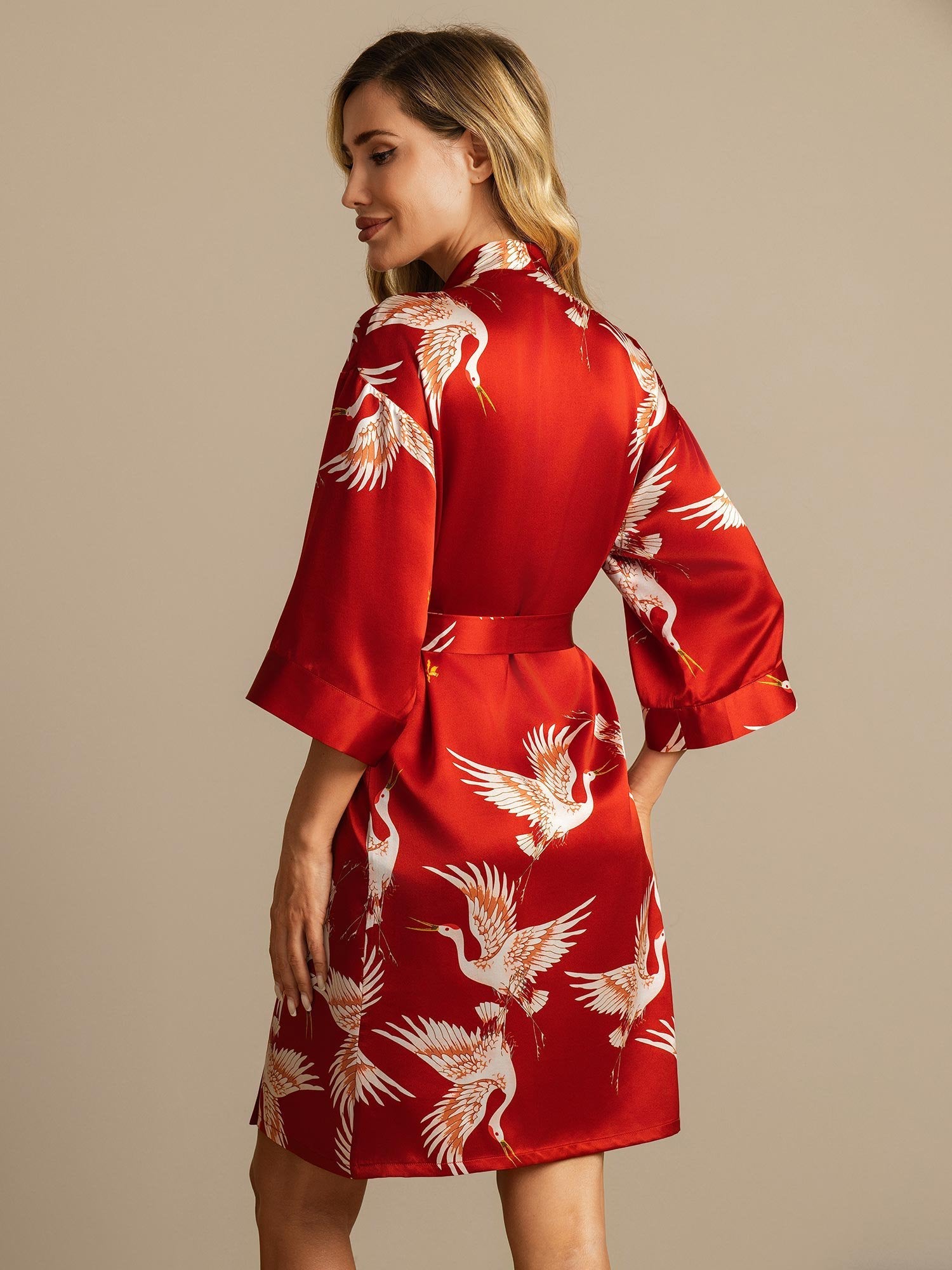 [Dark Red] SilkSilky-AU 19Momme 3/4 Sleeve Women's Dressing Gown 002