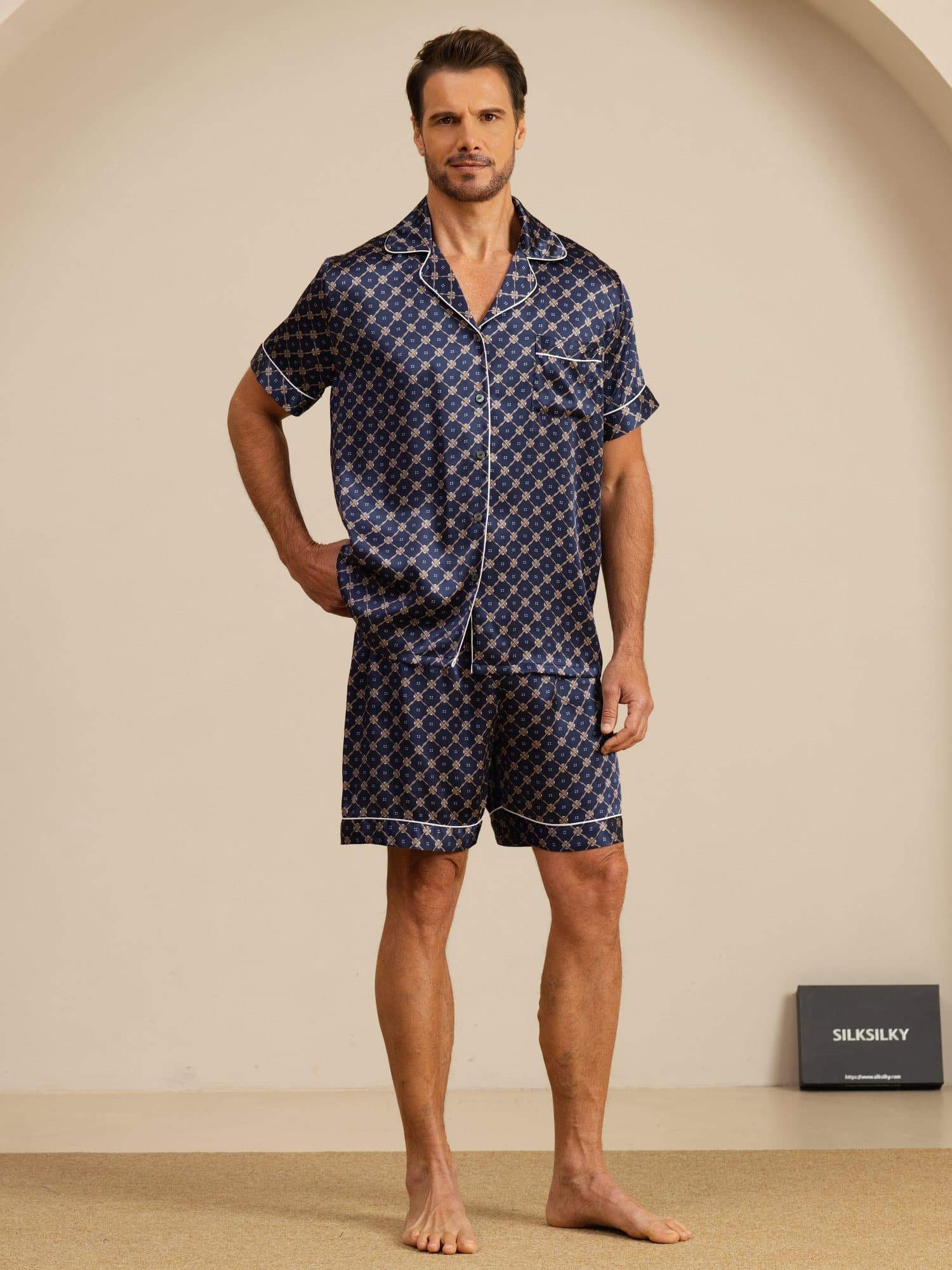 [Navy Chain] SilkSilky-AU Short Sleeve Notch Collar Men's Pyjamas 001