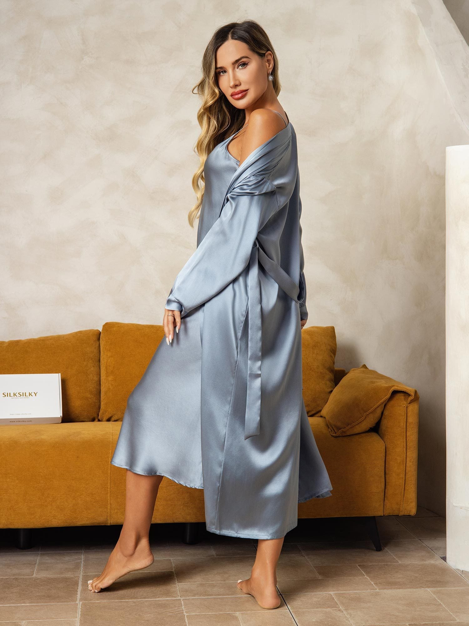 [GrayishBlue] SilkSilky-AU Pure Silk V Neck Nightgown&Dressing Gown Set 002