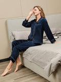 SilkSilky-AU Pure Silk Long Sleeve Lapel Women's Pyjamas DarkBlue 005